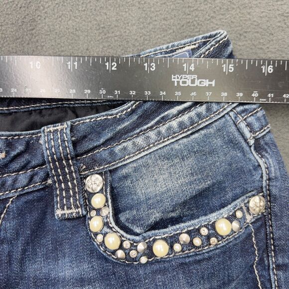 Miss Me Signature Skinny Jeans Womens 30 Blue Distressed Pearl Rhinestone Flap - Picture 15 of 16